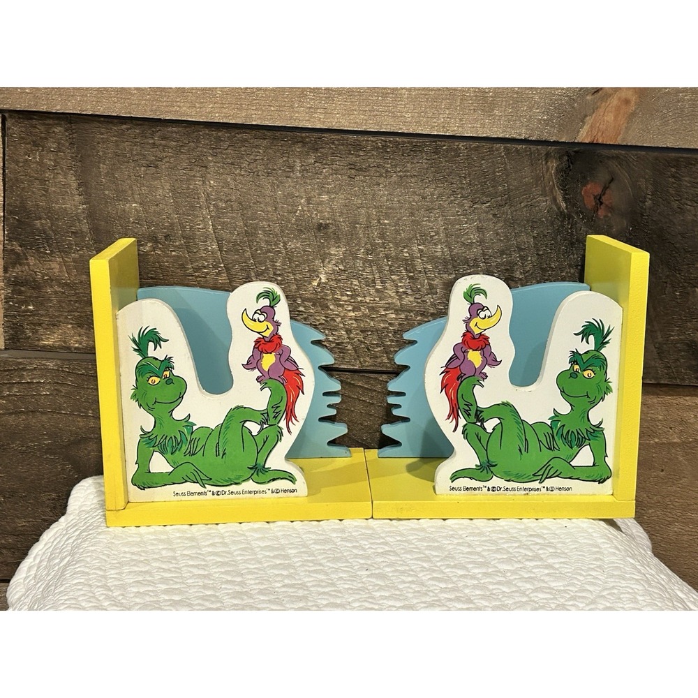 Vintage Dr Seuss Bookends Wooden Grinch Boo‎ Yellow Henson Nursery Play Room EUC